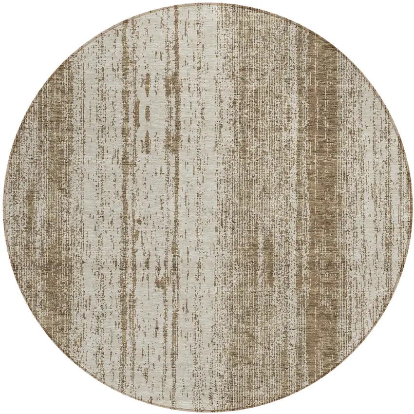 8' Brown And Ivory Round Striped Washable Indoor Outdoor Area Rug Photo 2
