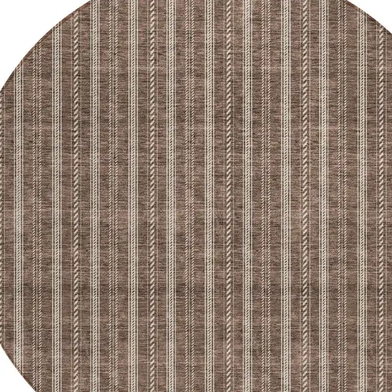 8' Brown And Ivory Round Striped Washable Indoor Outdoor Area Rug Photo 4