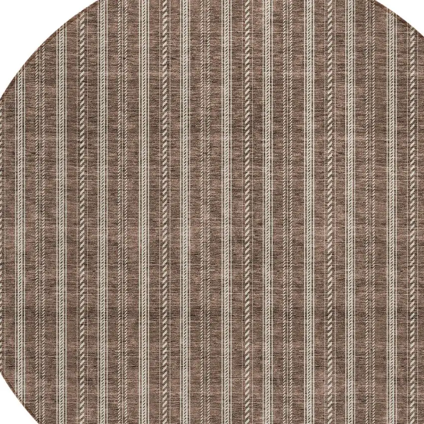 8' Brown And Ivory Round Striped Washable Indoor Outdoor Area Rug Photo 4