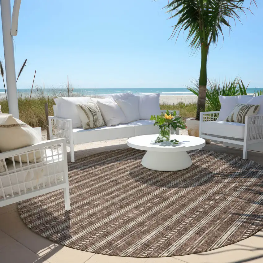 8' Brown And Ivory Round Striped Washable Indoor Outdoor Area Rug Photo 6