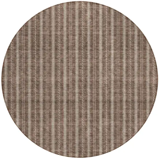8' Brown And Ivory Round Striped Washable Indoor Outdoor Area Rug Photo 5