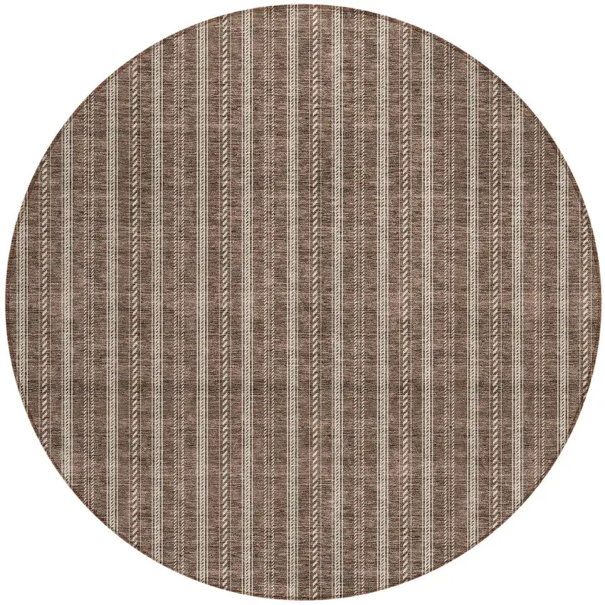 8' Brown And Ivory Round Striped Washable Indoor Outdoor Area Rug Photo 5