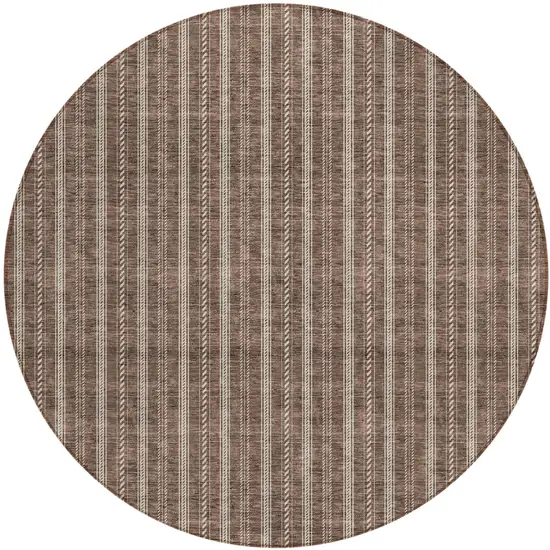 8' Brown And Ivory Round Striped Washable Indoor Outdoor Area Rug Photo 2