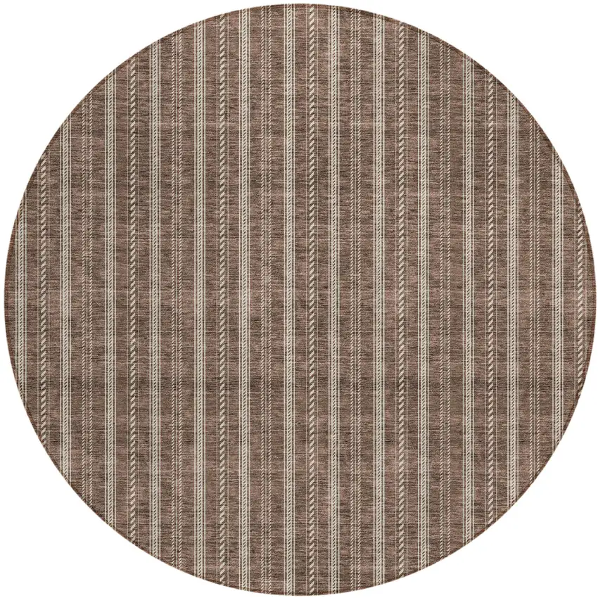 8' Brown And Ivory Round Striped Washable Indoor Outdoor Area Rug Photo 2