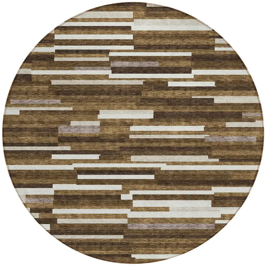 8' Brown And Ivory Round Striped Washable Indoor Outdoor Area Rug Photo 6