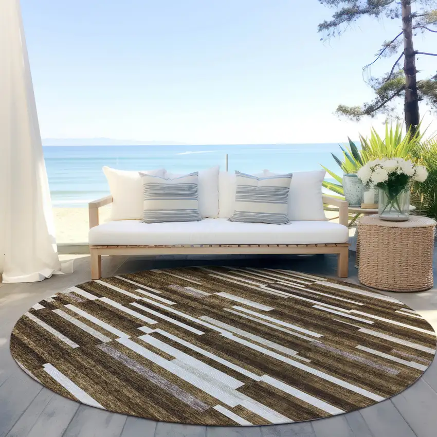 8' Brown And Ivory Round Striped Washable Indoor Outdoor Area Rug Photo 7