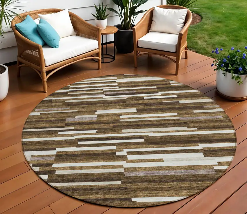 8' Brown And Ivory Round Striped Washable Indoor Outdoor Area Rug Photo 1