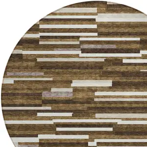 Photo of 8' Brown And Ivory Round Striped Washable Indoor Outdoor Area Rug