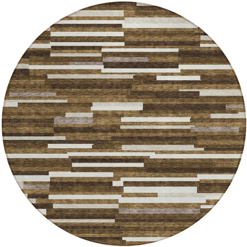 8' Brown And Ivory Round Striped Washable Indoor Outdoor Area Rug Photo 2