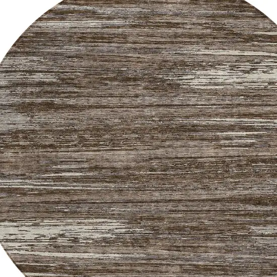 8' Brown And Ivory Round Striped Washable Indoor Outdoor Area Rug Photo 4