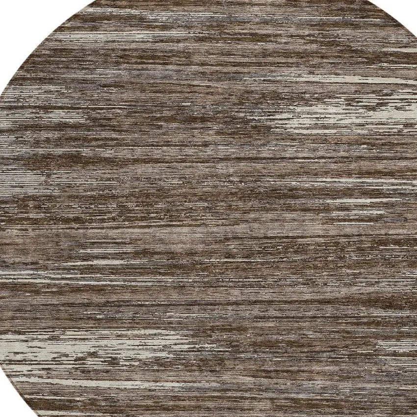 8' Brown And Ivory Round Striped Washable Indoor Outdoor Area Rug Photo 4