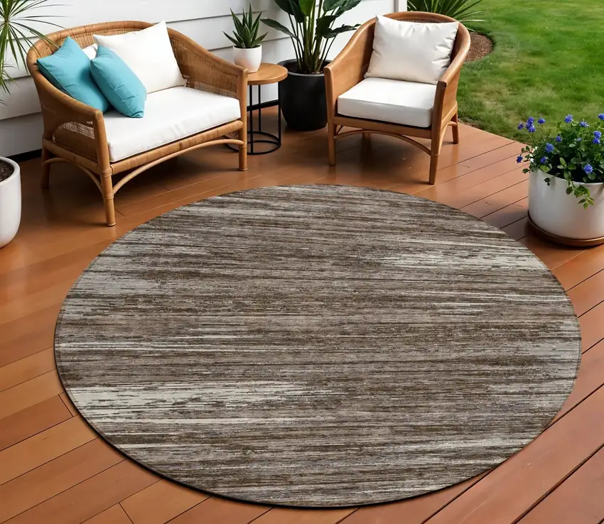 8' Brown And Ivory Round Striped Washable Indoor Outdoor Area Rug Photo 1