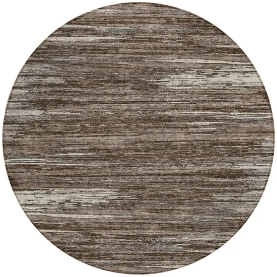 8' Brown And Ivory Round Striped Washable Indoor Outdoor Area Rug Photo 5