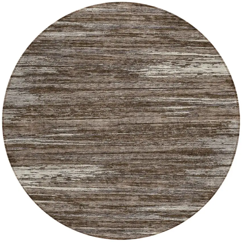 8' Brown And Ivory Round Striped Washable Indoor Outdoor Area Rug Photo 5