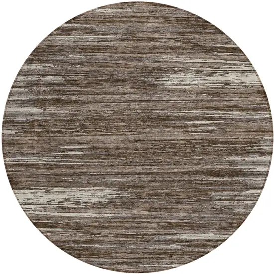 8' Brown And Ivory Round Striped Washable Indoor Outdoor Area Rug Photo 2