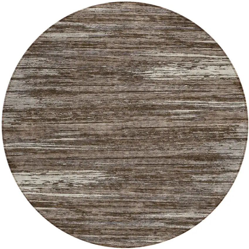8' Brown And Ivory Round Striped Washable Indoor Outdoor Area Rug Photo 2