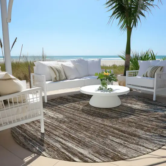 8' Brown And Ivory Round Striped Washable Indoor Outdoor Area Rug Photo 6