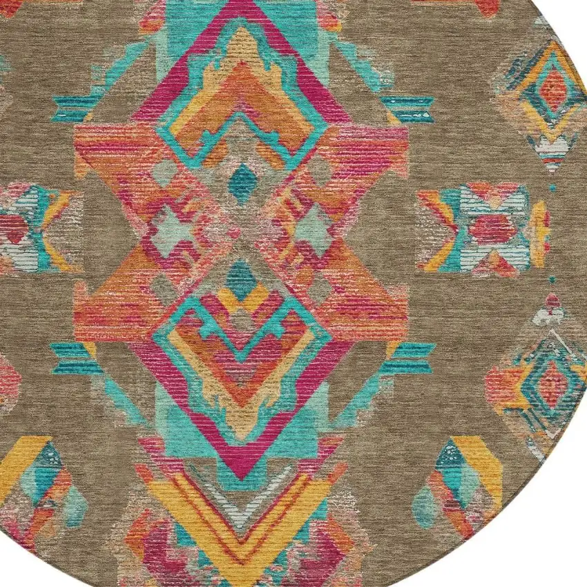 8' Brown And Ivory Round Tribal Washable Indoor Outdoor Area Rug Photo 5