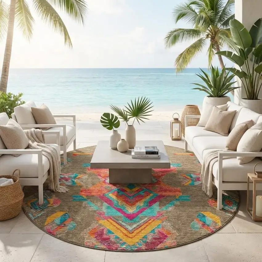 8' Brown And Ivory Round Tribal Washable Indoor Outdoor Area Rug Photo 1