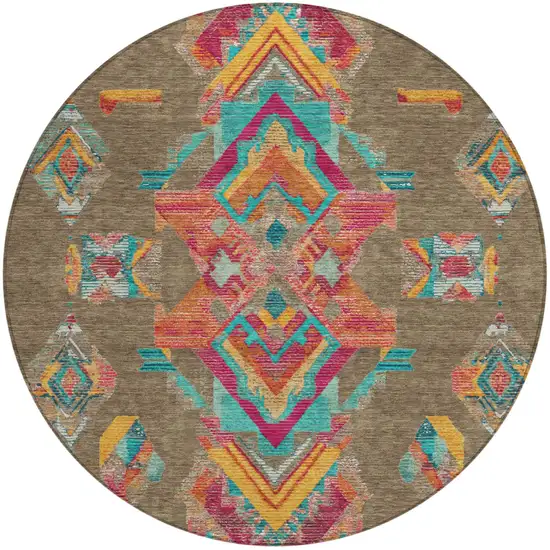 8' Brown And Ivory Round Tribal Washable Indoor Outdoor Area Rug Photo 3