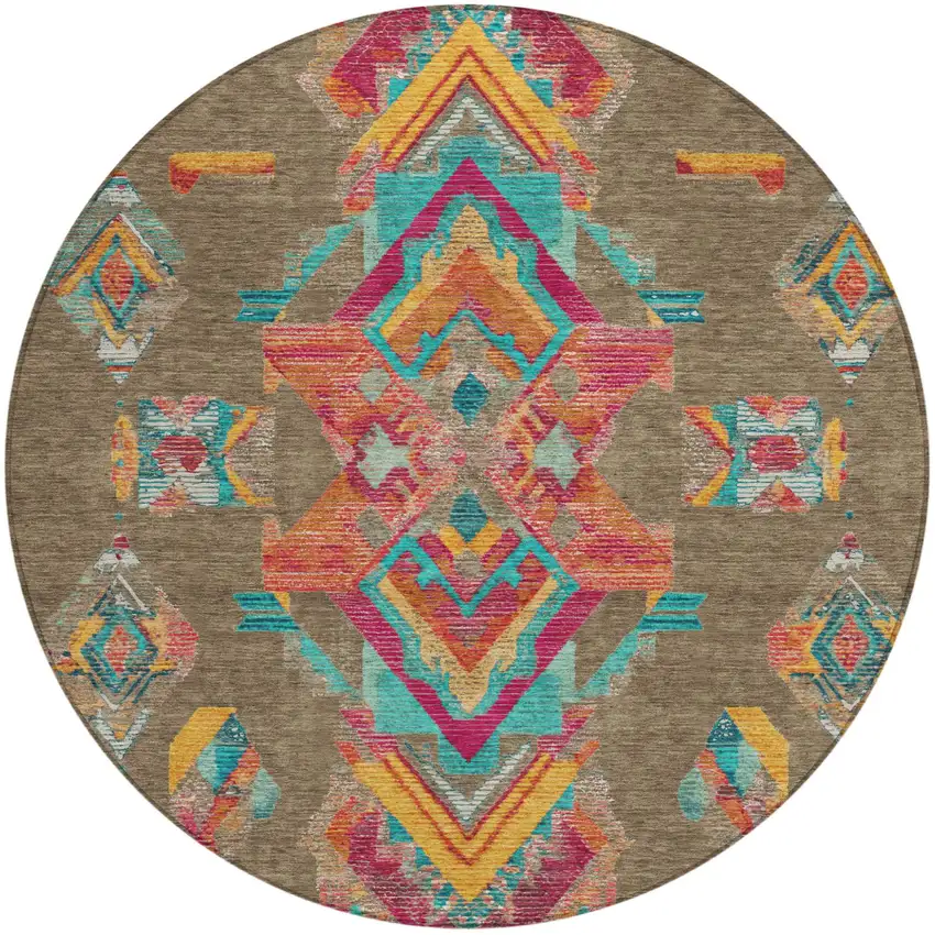 8' Brown And Ivory Round Tribal Washable Indoor Outdoor Area Rug Photo 3