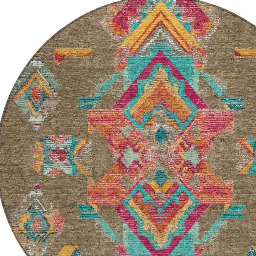 8' Brown And Ivory Round Tribal Washable Indoor Outdoor Area Rug Photo 2