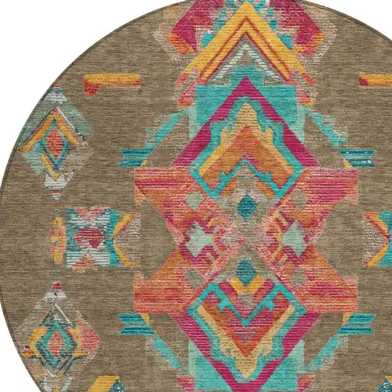 8' Brown And Ivory Round Tribal Washable Indoor Outdoor Area Rug Photo 2