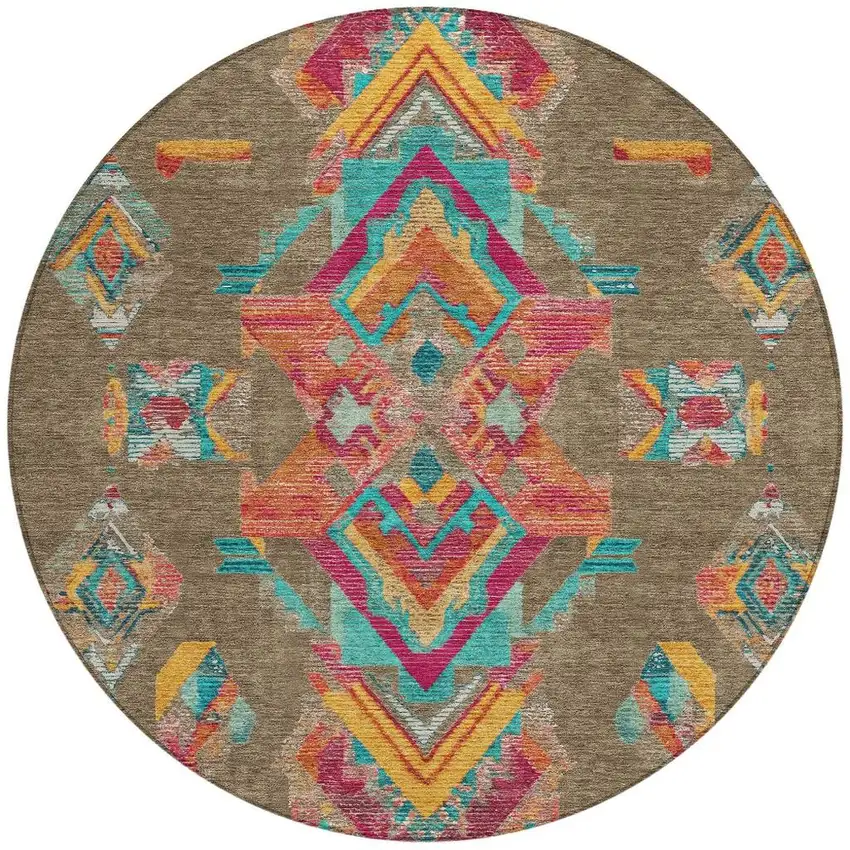 8' Brown And Ivory Round Tribal Washable Indoor Outdoor Area Rug Photo 4