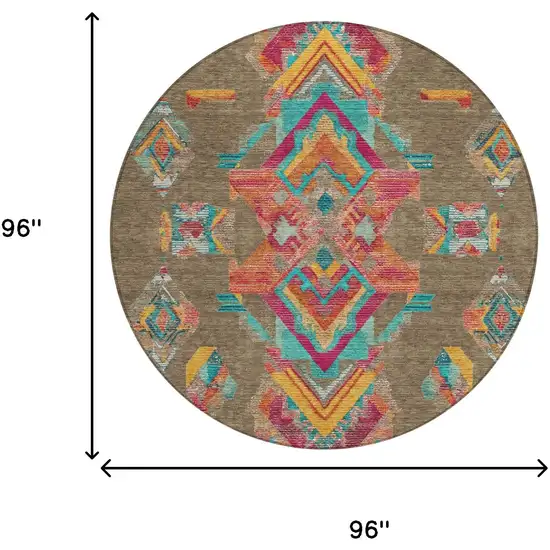 8' Brown And Ivory Round Tribal Washable Indoor Outdoor Area Rug Photo 8