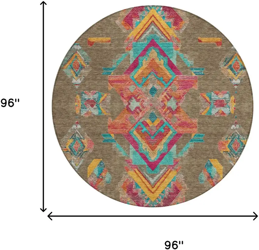 8' Brown And Ivory Round Tribal Washable Indoor Outdoor Area Rug Photo 8