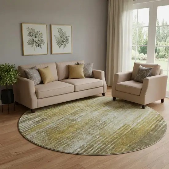 8' Brown And Ivory Striped Washable Round Rug With UV Protection Photo 1