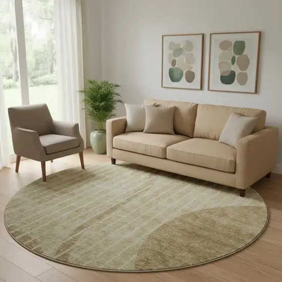 8' Brown And Ivory Striped Washable Round Rug With UV Protection Photo 1