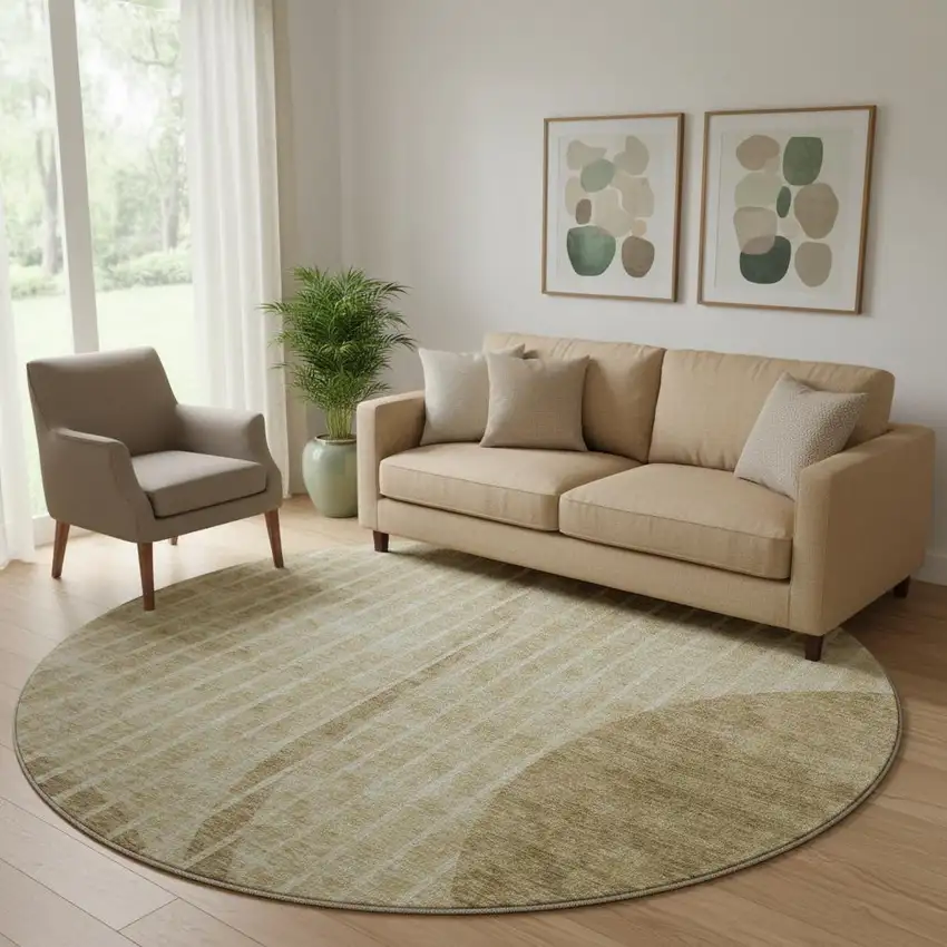 8' Brown And Ivory Striped Washable Round Rug With UV Protection Photo 1