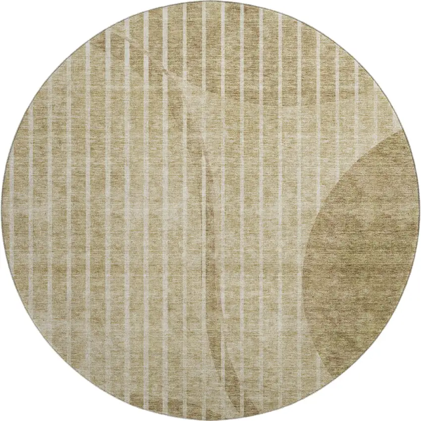 8' Brown And Ivory Striped Washable Round Rug With UV Protection Photo 1