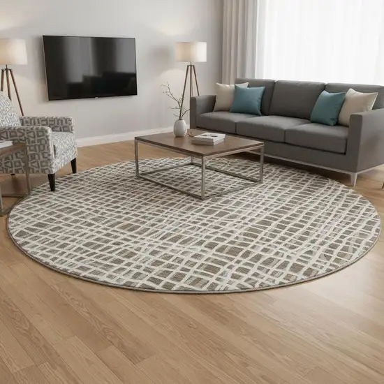 8' Brown And Ivory Striped Washable Round Rug With UV Protection Photo 2