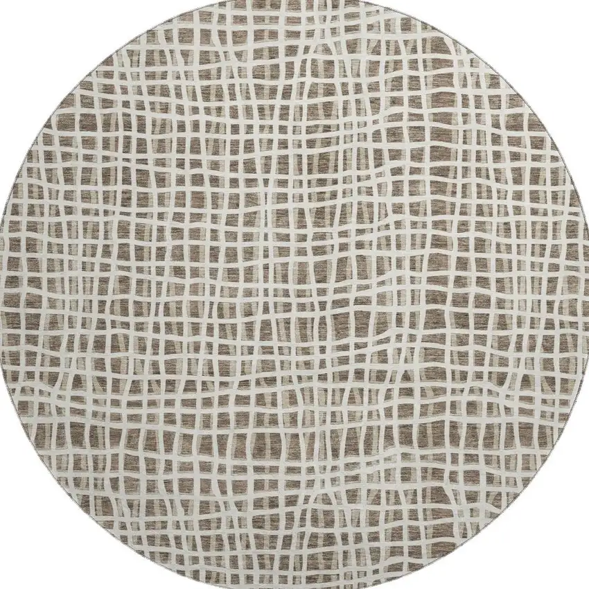 8' Brown And Ivory Striped Washable Round Rug With UV Protection Photo 4