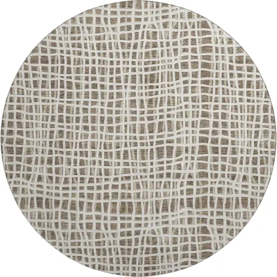 8' Brown And Ivory Striped Washable Round Rug With UV Protection Photo 1