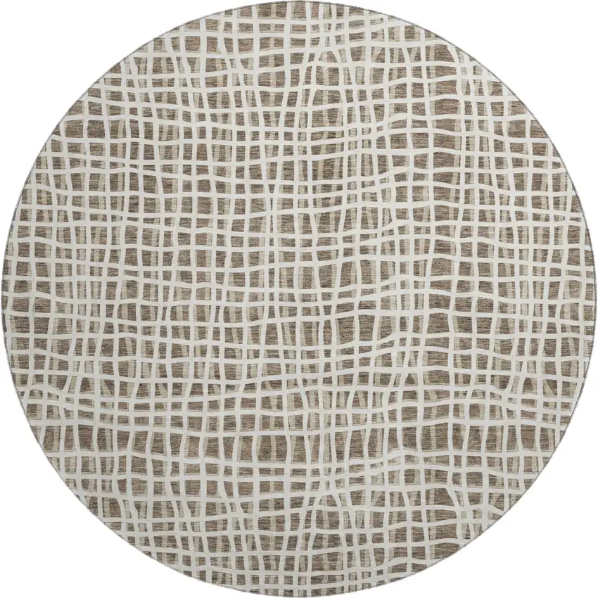 8' Brown And Ivory Striped Washable Round Rug With UV Protection Photo 1