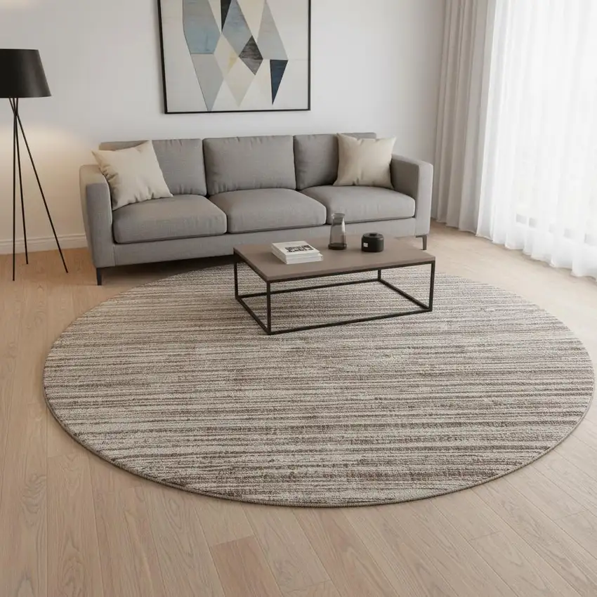 8' Brown And Ivory Striped Washable Round Rug With UV Protection Photo 2