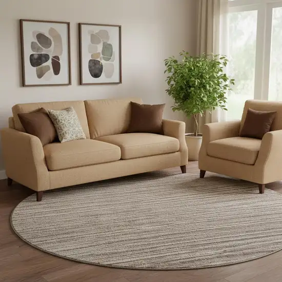 8' Brown And Ivory Striped Washable Round Rug With UV Protection Photo 1