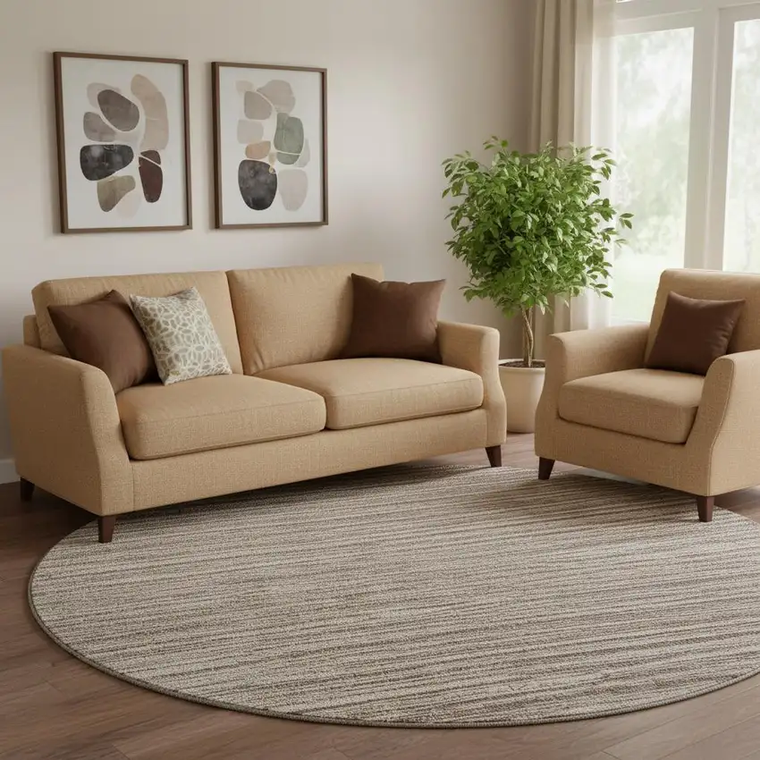 8' Brown And Ivory Striped Washable Round Rug With UV Protection Photo 1