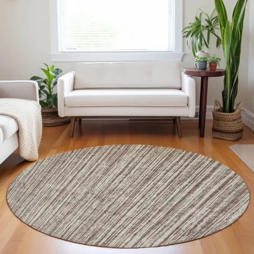8' Brown And Ivory Striped Washable Round Rug With UV Protection Photo 5