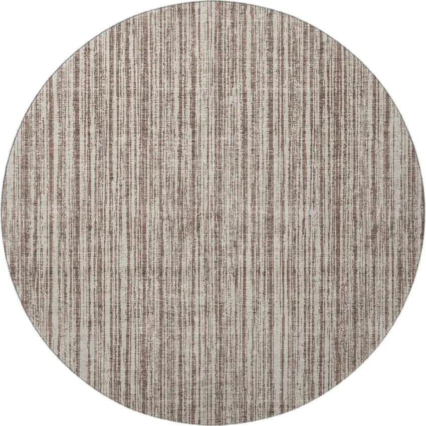 8' Brown And Ivory Striped Washable Round Rug With UV Protection Photo 4