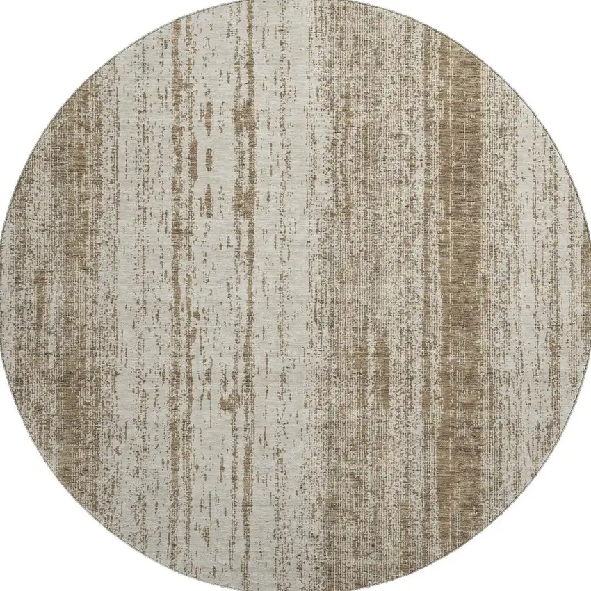 8' Brown And Ivory Striped Washable Round Rug With UV Protection Photo 4