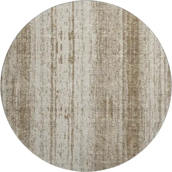 8' Brown And Ivory Striped Washable Round Rug With UV Protection Photo 1