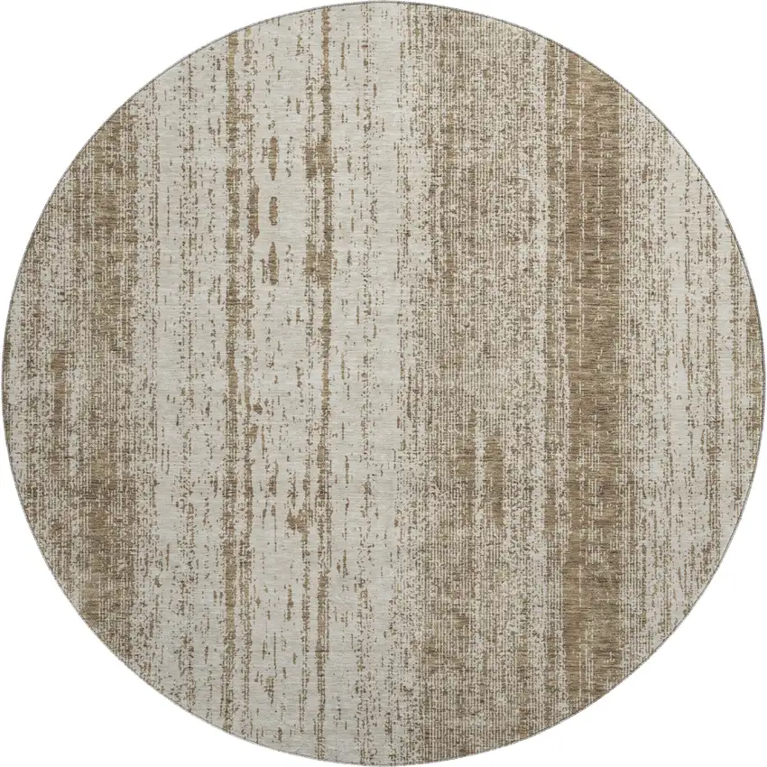 8' Brown And Ivory Striped Washable Round Rug With UV Protection Photo 1