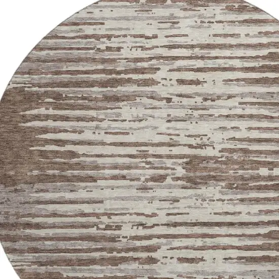 8' Brown And Ivory Striped Washable Round Rug With UV Protection Photo 3