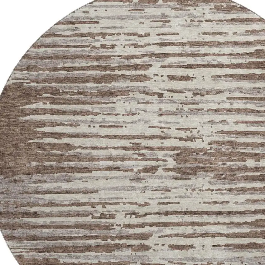 8' Brown And Ivory Striped Washable Round Rug With UV Protection Photo 3