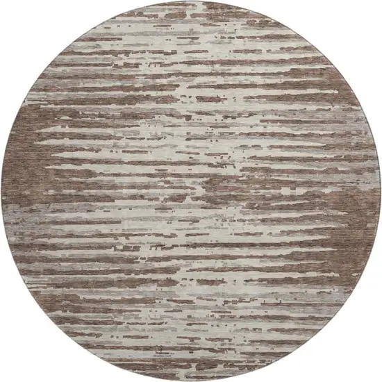 8' Brown And Ivory Striped Washable Round Rug With UV Protection Photo 1