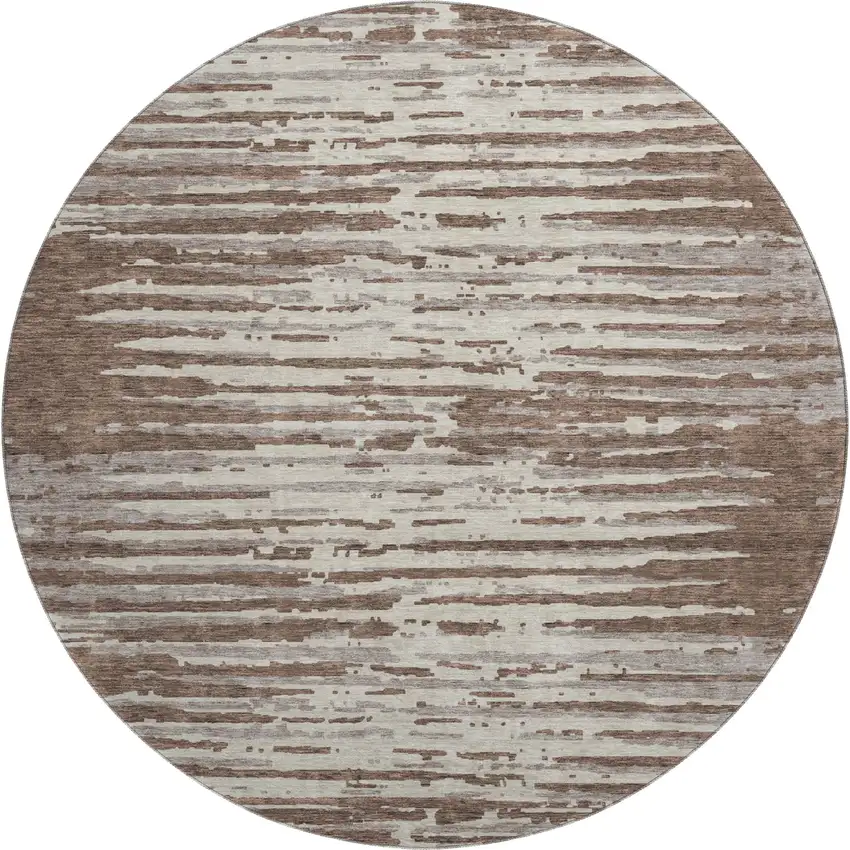 8' Brown And Ivory Striped Washable Round Rug With UV Protection Photo 1